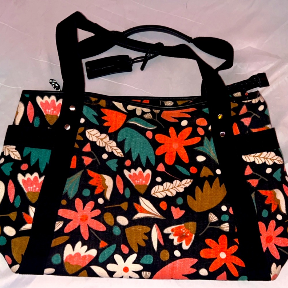 Fossil Key Per Tote Bag XL Floral Themed Canvas Bag Multi Use Cow Hide Hand Made